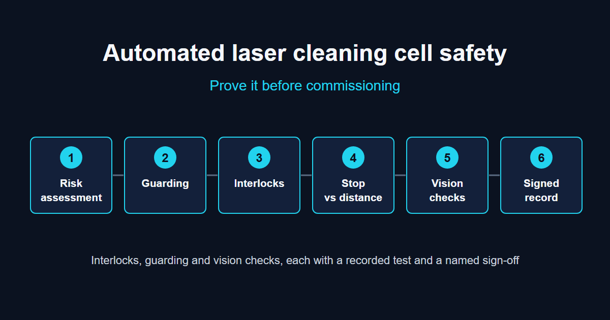 Six numbered commissioning checks for an automated laser cleaning cell: risk assessment, guarding, interlocks, stop versus distance, vision checks and signed record
