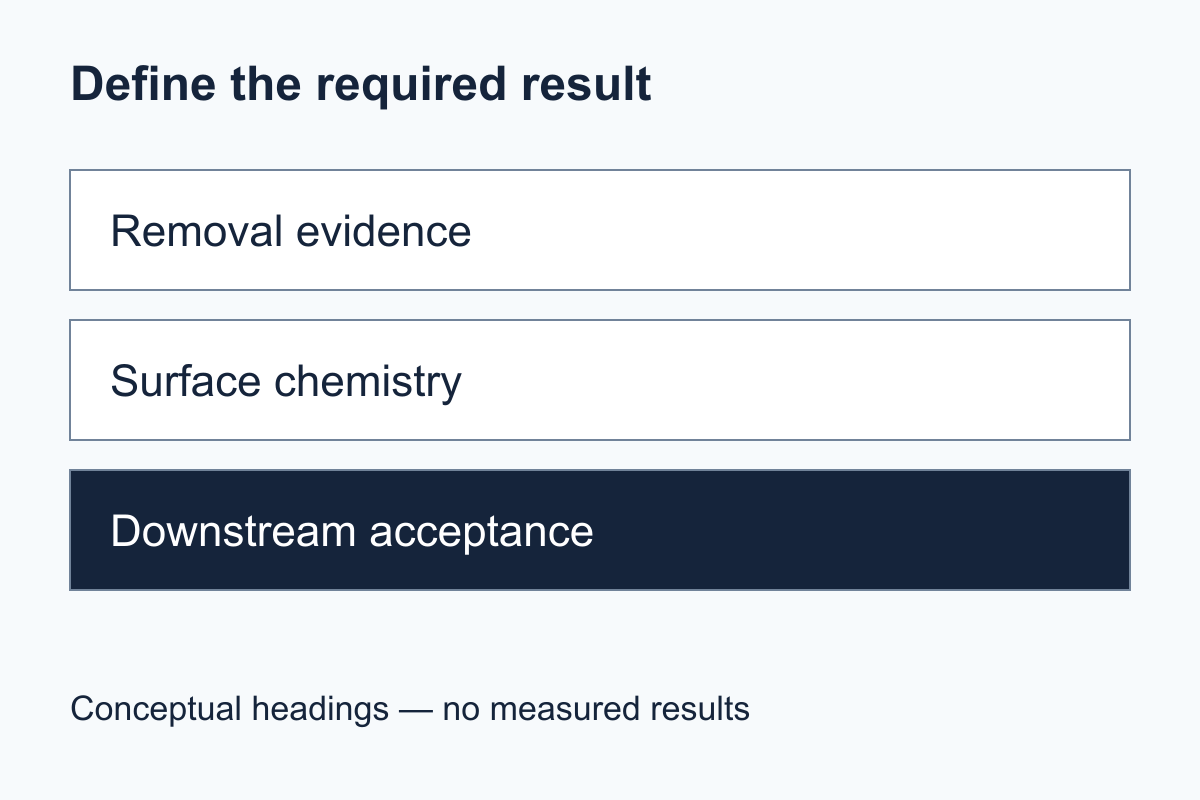 Diagram separating contaminant removal, surface-chemistry change and downstream acceptance
