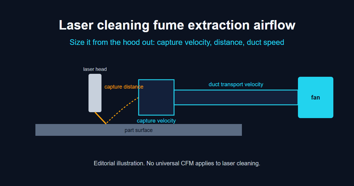 Diagram of a laser cleaning head beside a capture hood, with capture distance, capture velocity and duct transport velocity labelled along the extraction path to the fan
